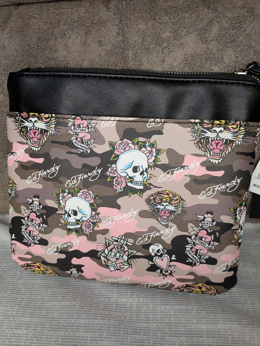 NWT Ed Hardy Pink Camo Tattoo Wristlet - Rare Y2K Aesthetic Skull & Tiger